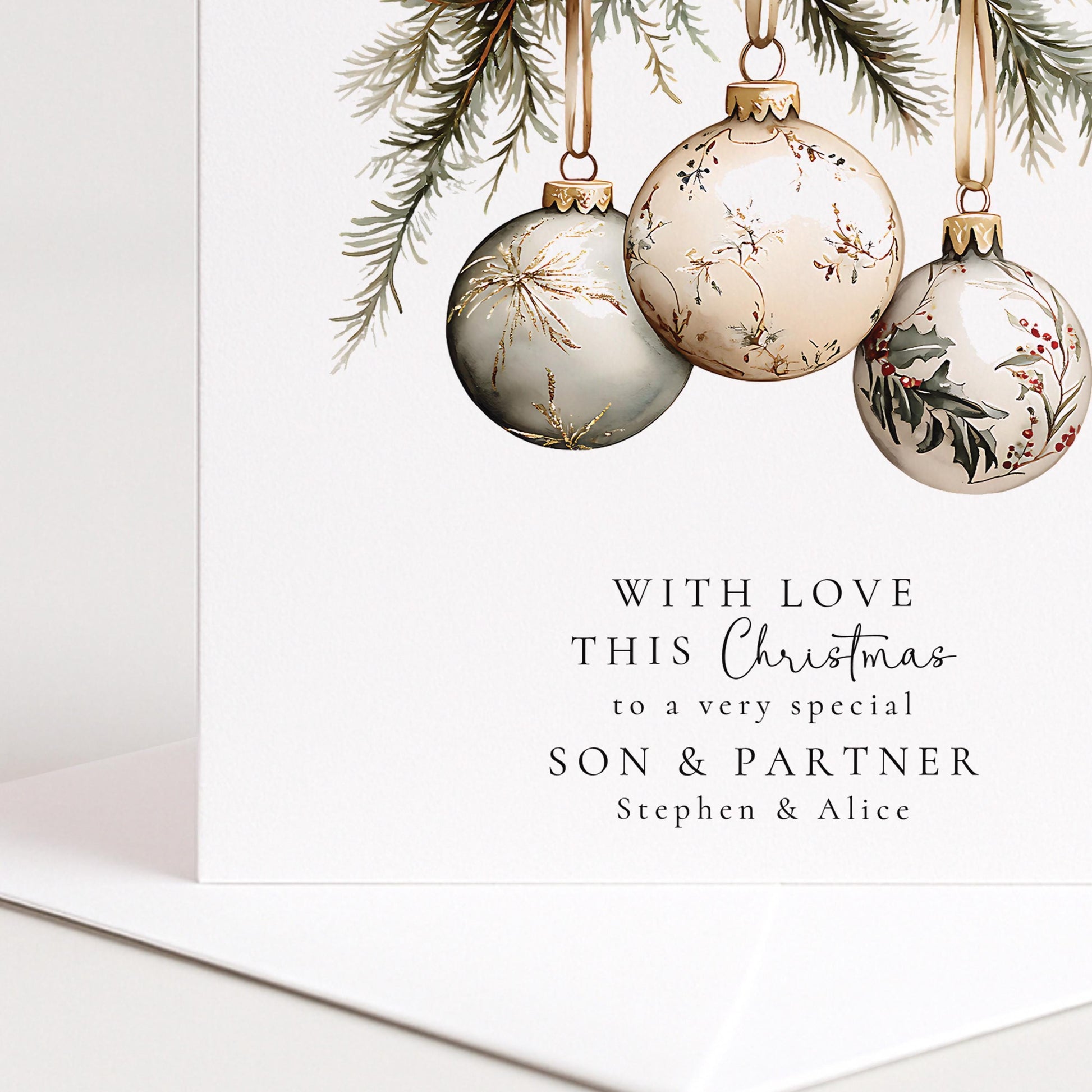Personalised Christmas Card for Son and Partner White Baubles