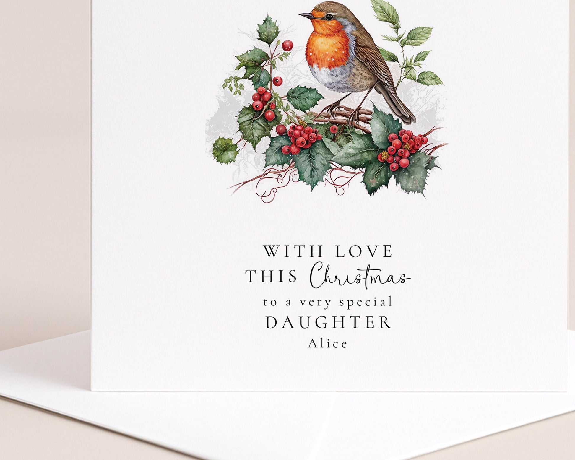 Personalised Daughter Christmas Card – Custom Festive Holiday Greeting With Robin Illustration