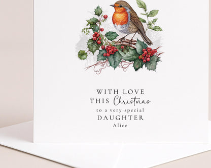 Personalised Daughter Christmas Card – Custom Festive Holiday Greeting With Robin Illustration