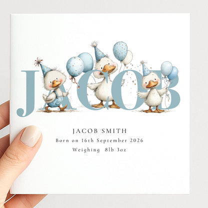 Personalised Duck Birth Card – New Baby Keepsake With Soft Pastel Design