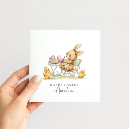 Personalised Easter Card - Custom Name Bunny Painting Eggs With Cheerful Chicks