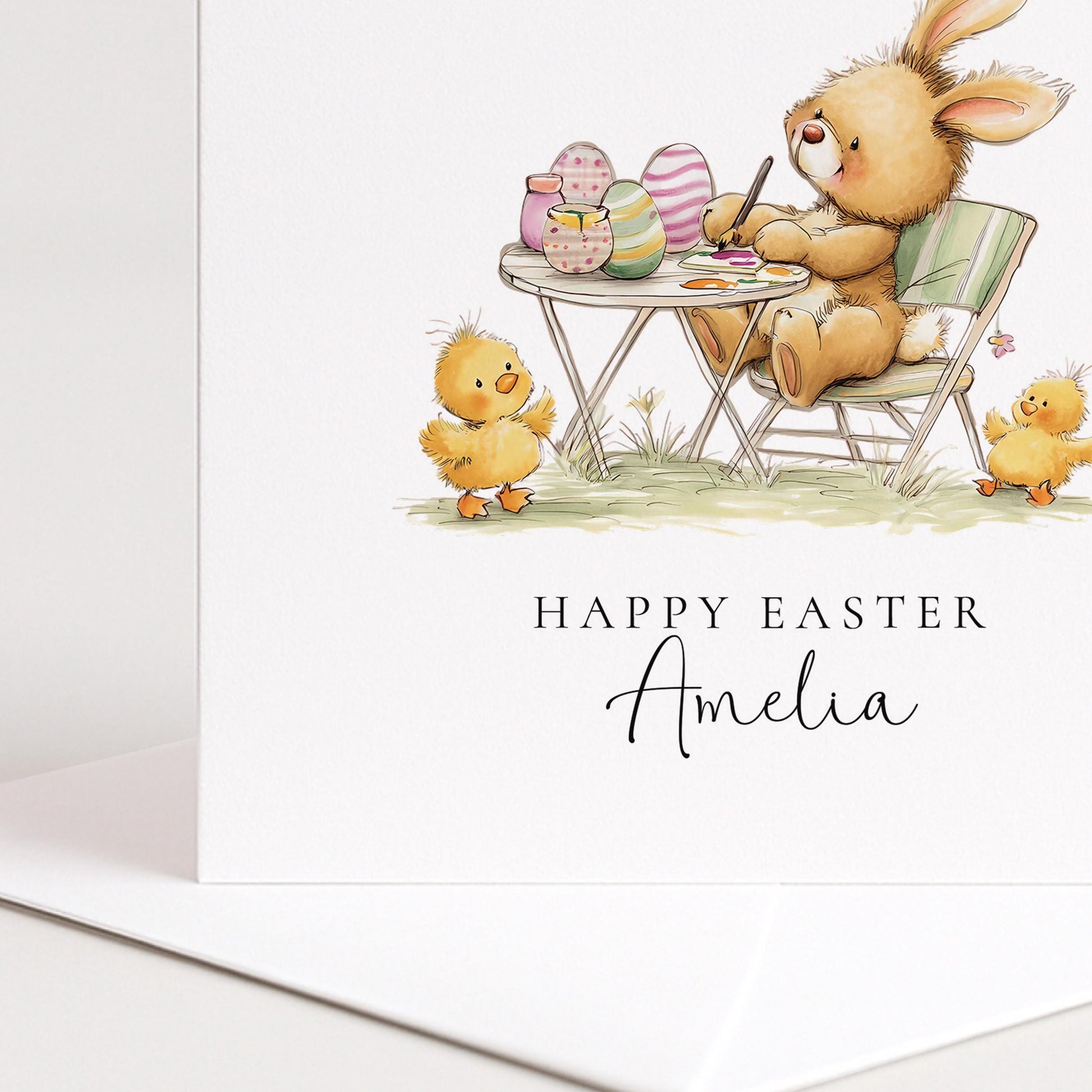 Personalised Easter Card - Custom Name Bunny Painting Eggs With Cheerful Chicks