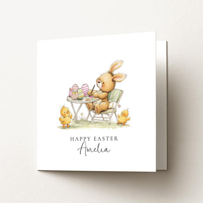 Personalised Easter Card - Custom Name Bunny Painting Eggs With Cheerful Chicks