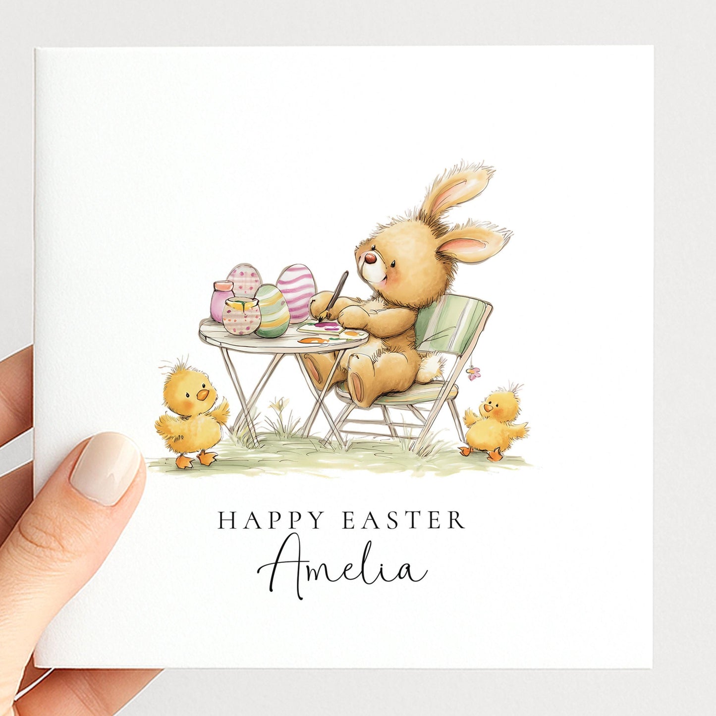 Personalised Easter Card - Custom Name Bunny Painting Eggs With Cheerful Chicks