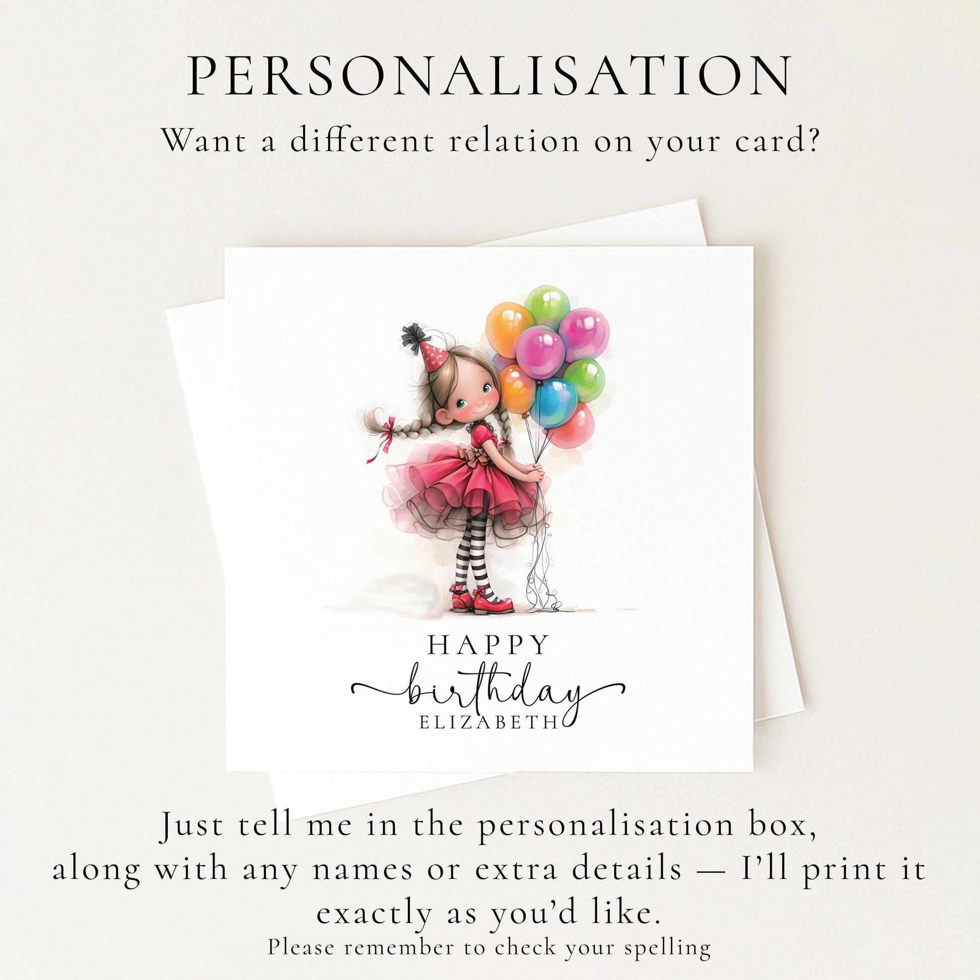 Personalised Girl Birthday Card – Custom Name Keepsake With Balloons