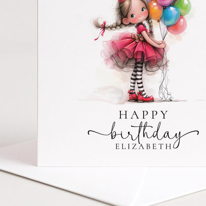 Personalised Girl Birthday Card – Custom Name Keepsake With Balloons