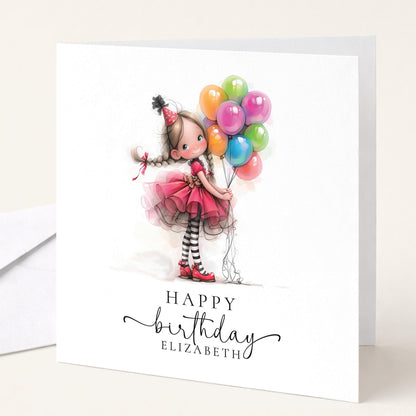 Personalised Girl Birthday Card – Custom Name Keepsake With Balloons