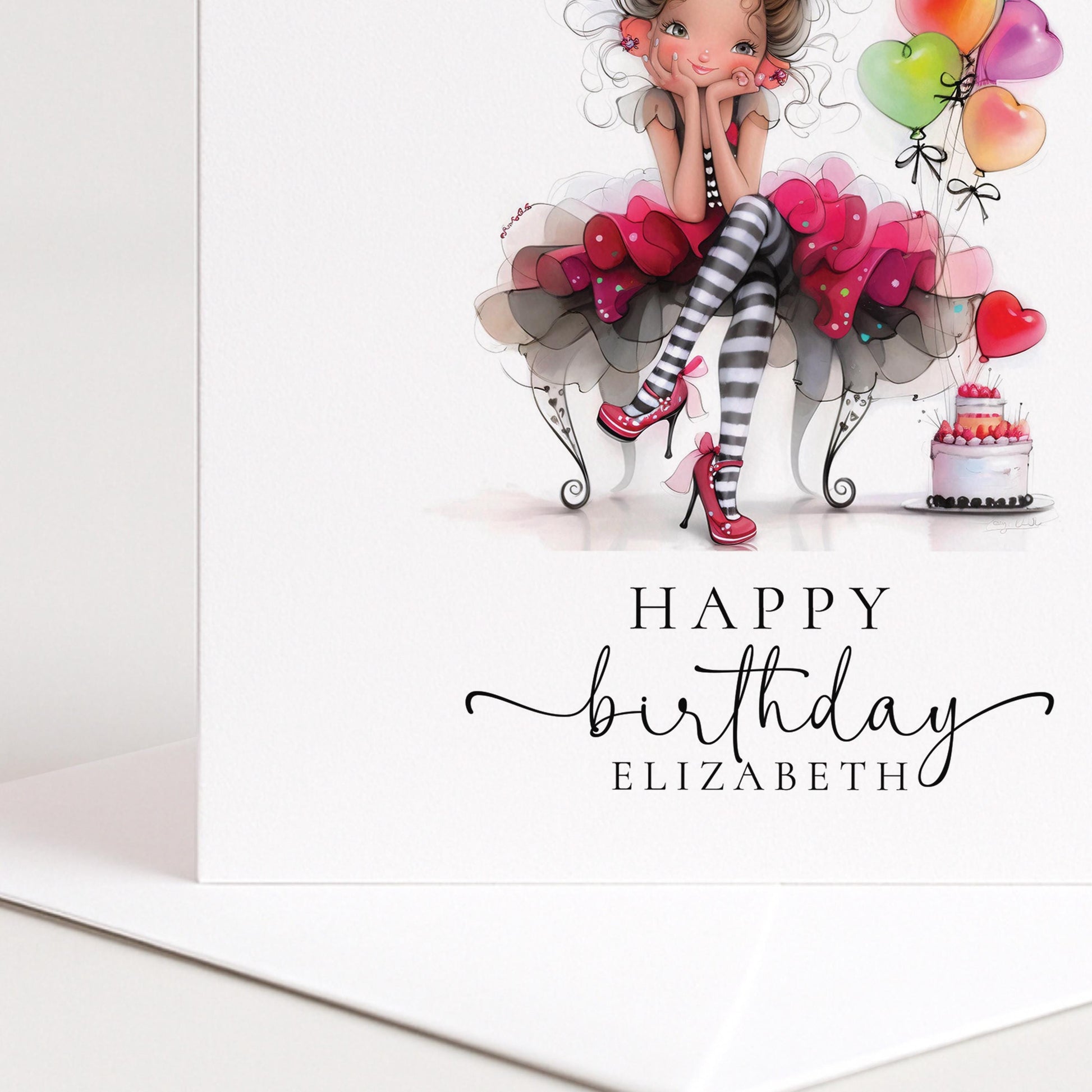 Personalised Girl Birthday Card – Cute Pink Balloon Illustration, Keepsake Greeting