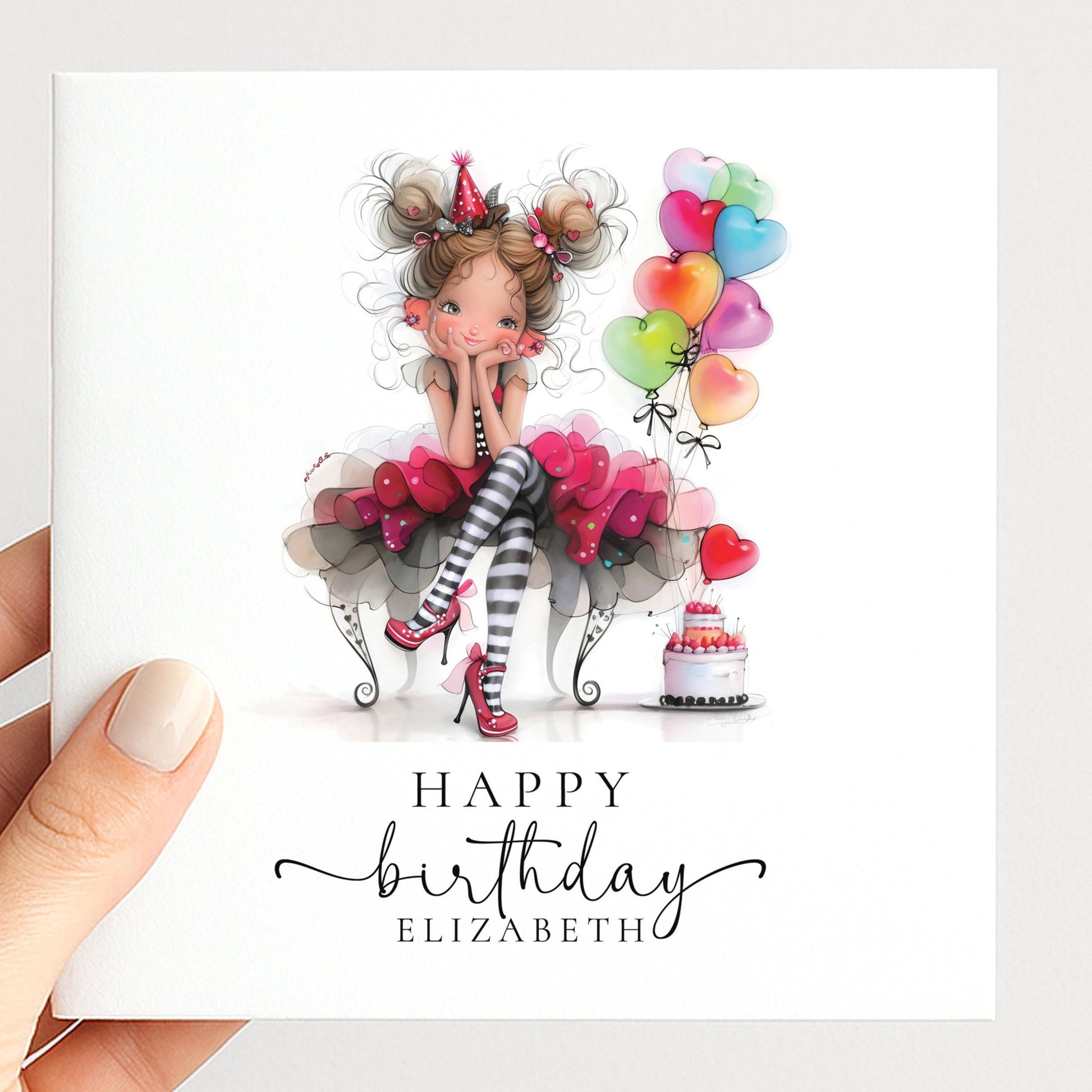 Personalised Girl Birthday Card – Cute Pink Balloon Illustration, Keepsake Greeting