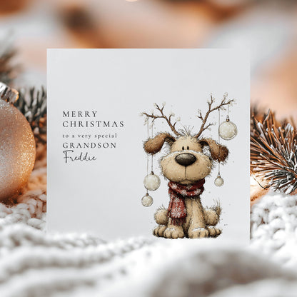 Personalised Grandson Christmas Card – Cute Dog Reindeer Design