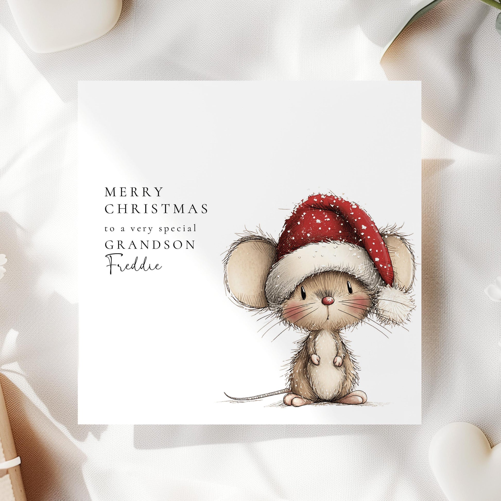 Personalised Grandson Christmas Card – Cute Mouse Santa Hat Design
