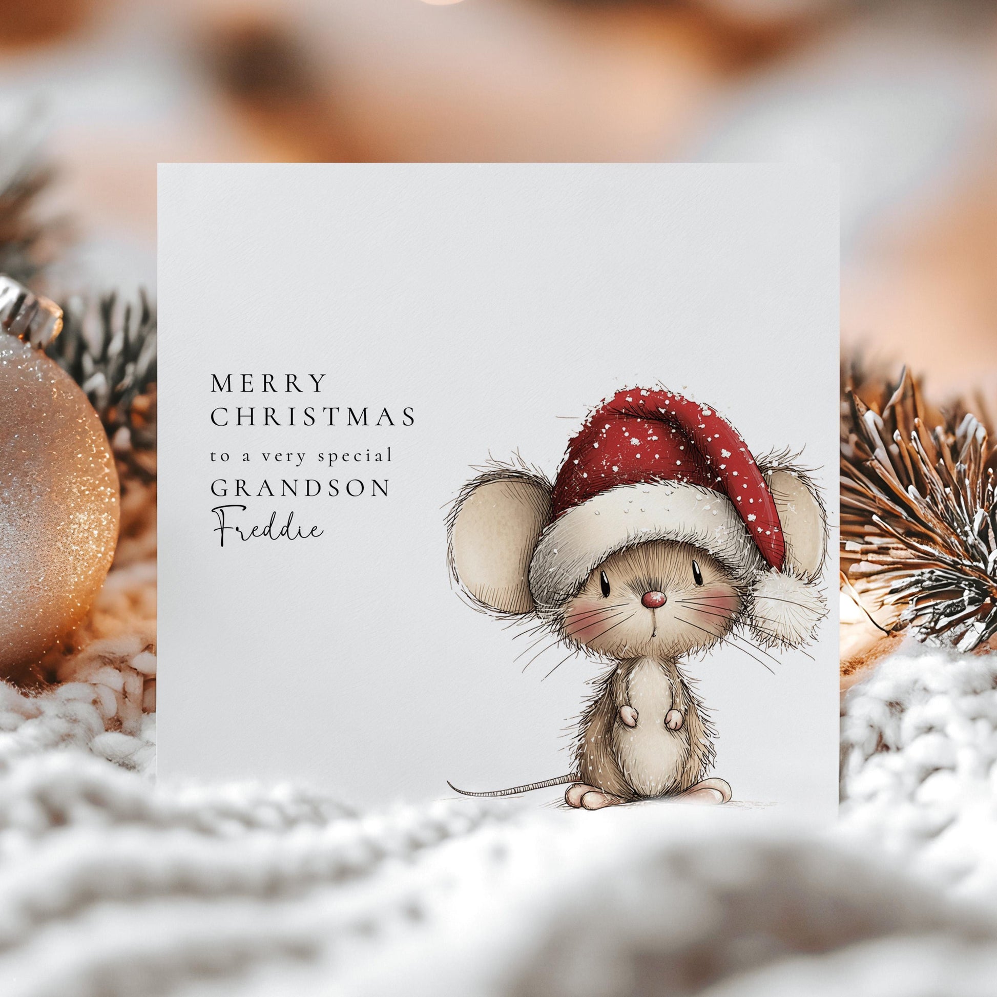 Personalised Grandson Christmas Card – Cute Mouse Santa Hat Design