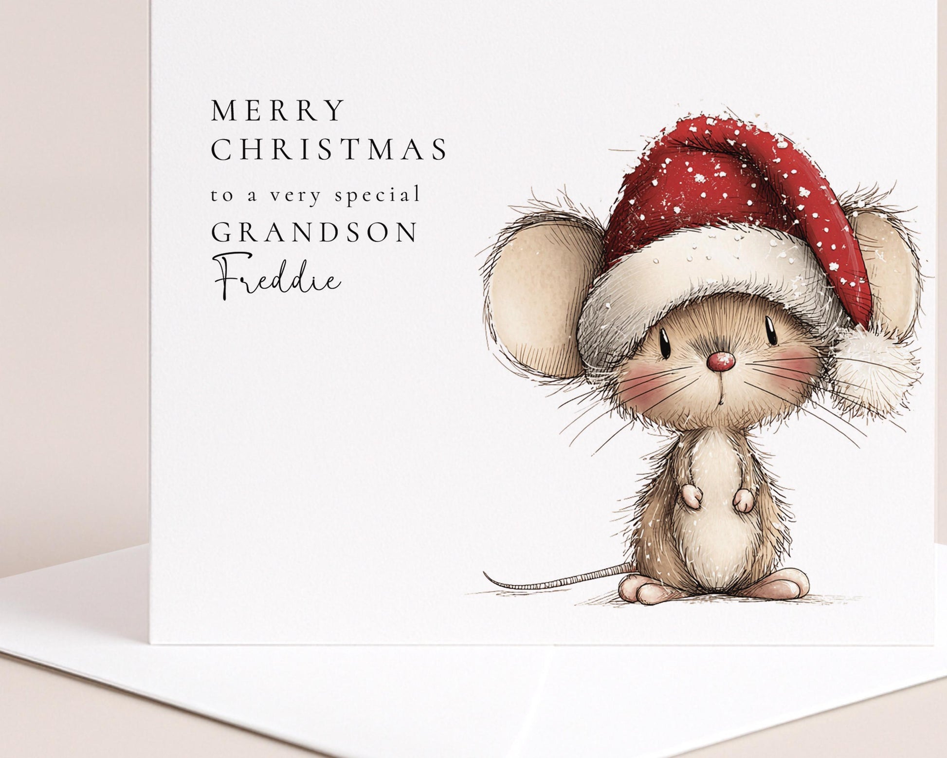 Personalised Grandson Christmas Card – Cute Mouse Santa Hat Design