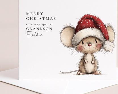 Personalised Grandson Christmas Card – Cute Mouse Santa Hat Design