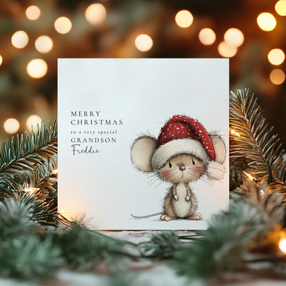 Personalised Grandson Christmas Card – Cute Mouse Santa Hat Design