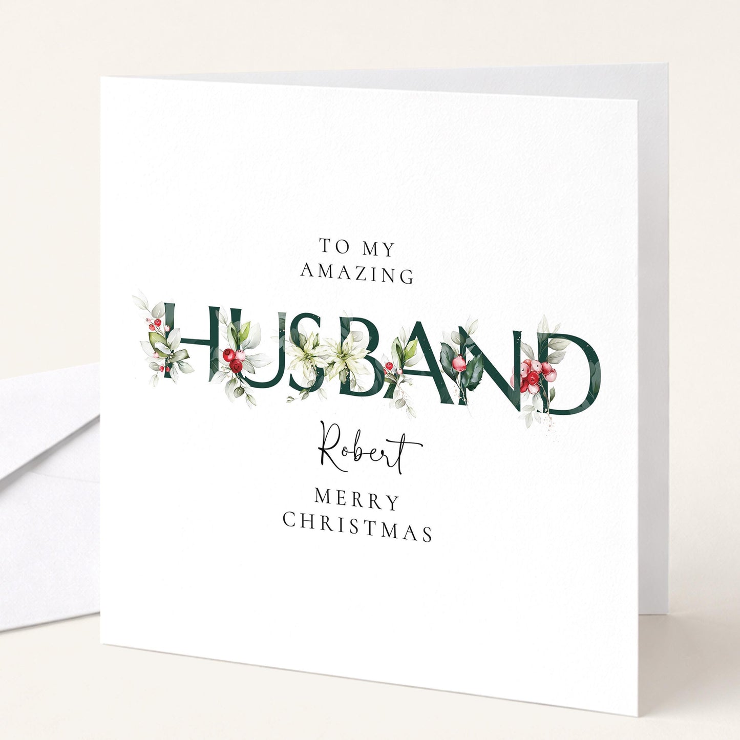 Personalised Husband Christmas Card – Romantic Floral Letters, Premium Matte Finish