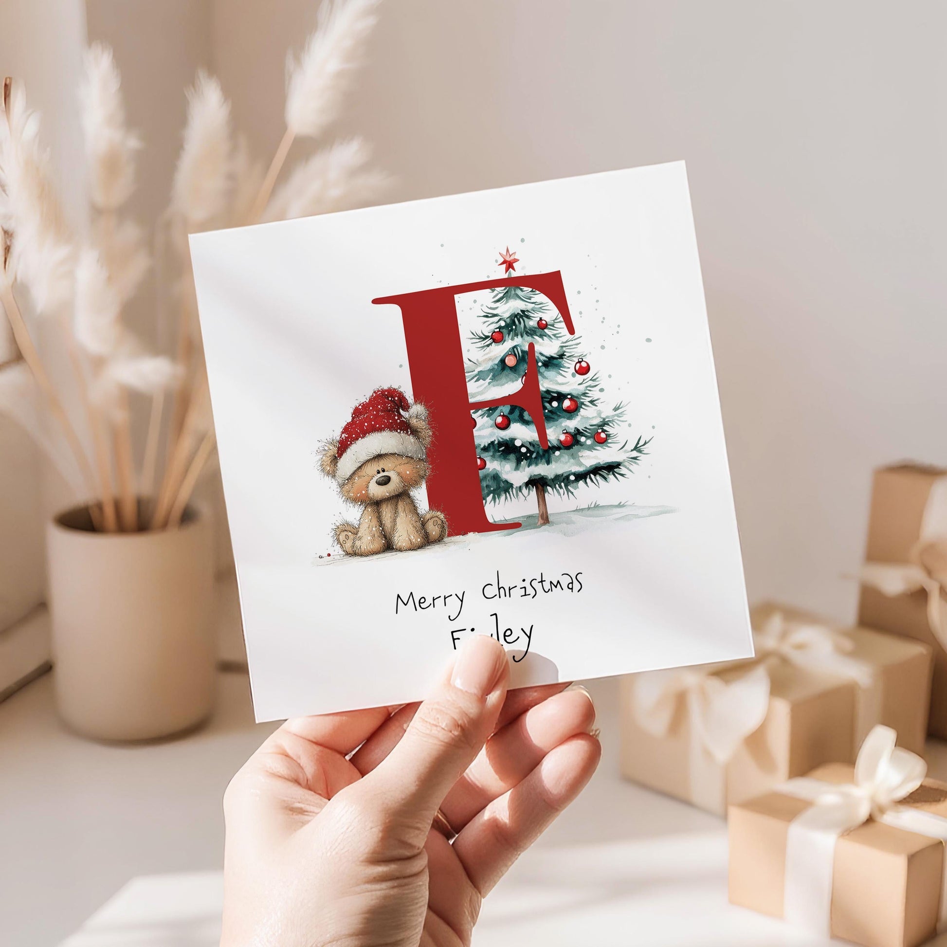 Personalised Initial F Xmas Card – With Teddy Bear & Tree