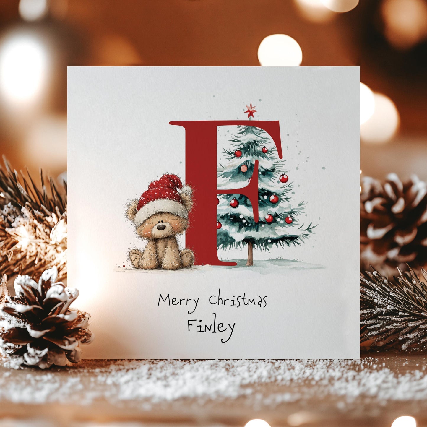 Personalised Initial F Xmas Card – With Teddy Bear & Tree