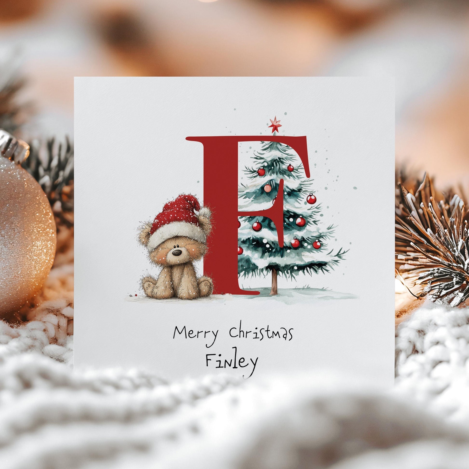 Personalised Initial F Xmas Card – With Teddy Bear & Tree