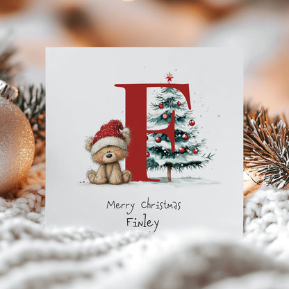 Personalised Initial F Xmas Card – With Teddy Bear & Tree