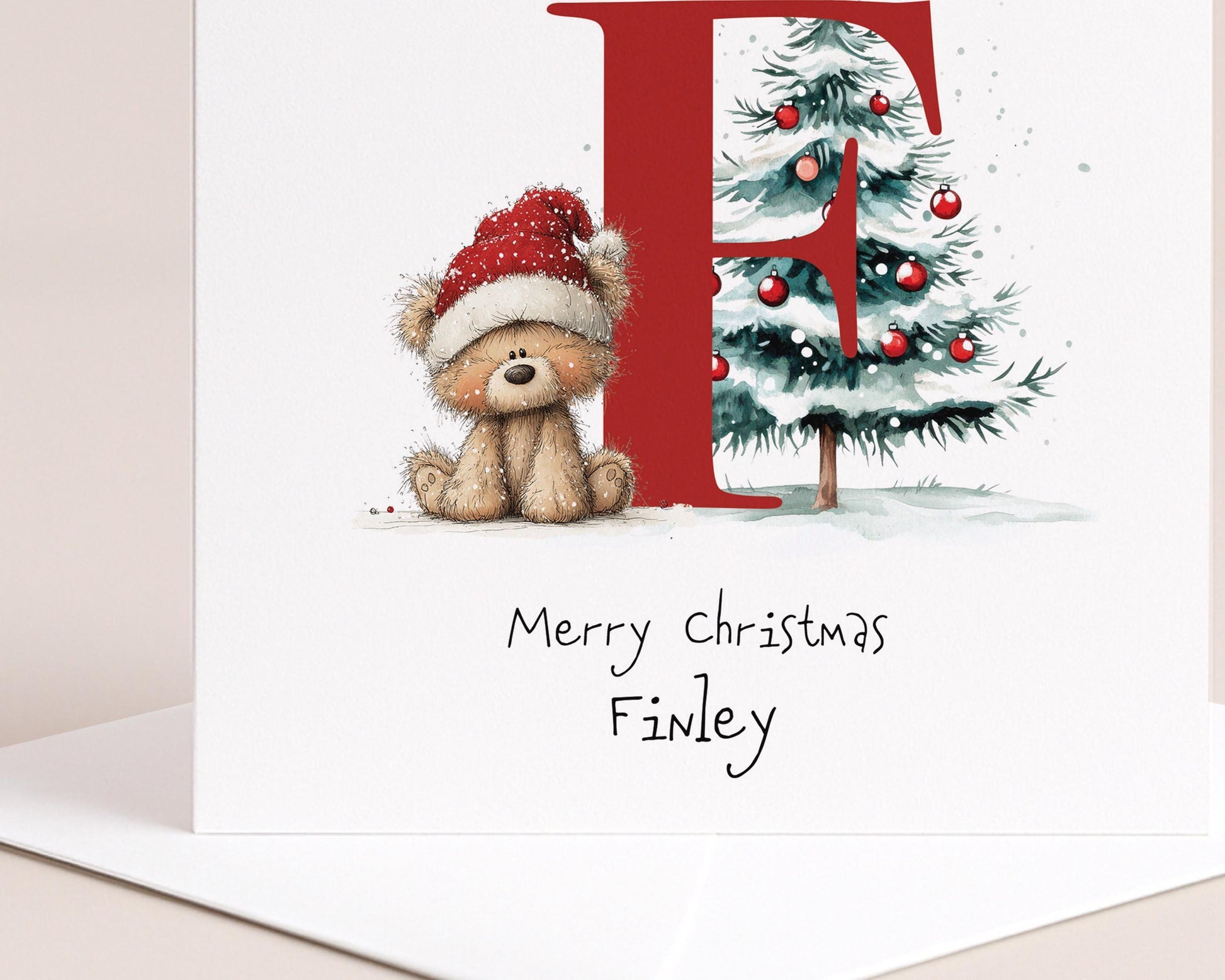 Personalised Initial F Xmas Card – With Teddy Bear & Tree
