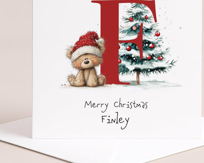 Personalised Initial F Xmas Card – With Teddy Bear & Tree