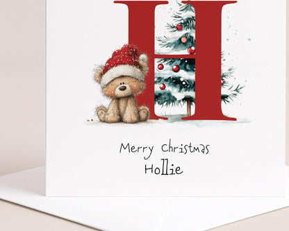 Personalised Initial H Xmas Card – Custom Christmas Teddy Bear