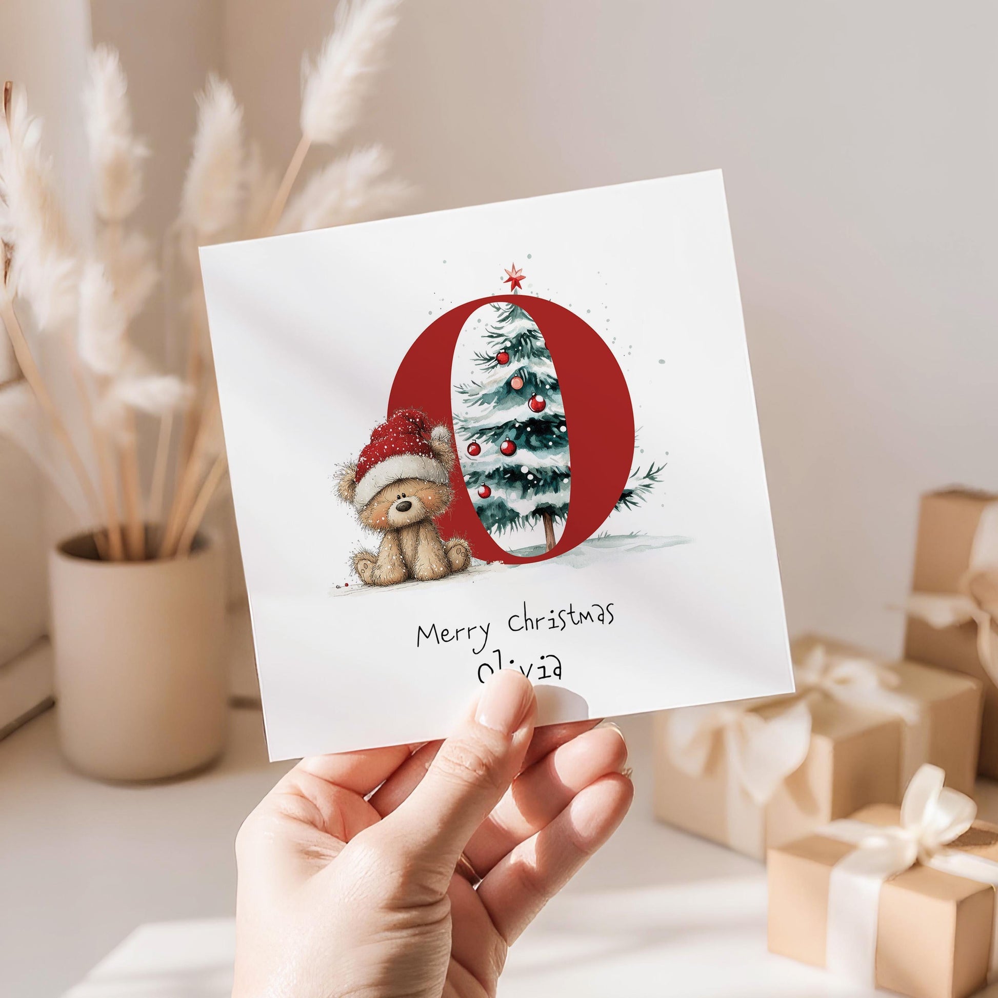 Personalised Initial Xmas Card – Custom Christmas Card With Cute Bear & Matte Finish