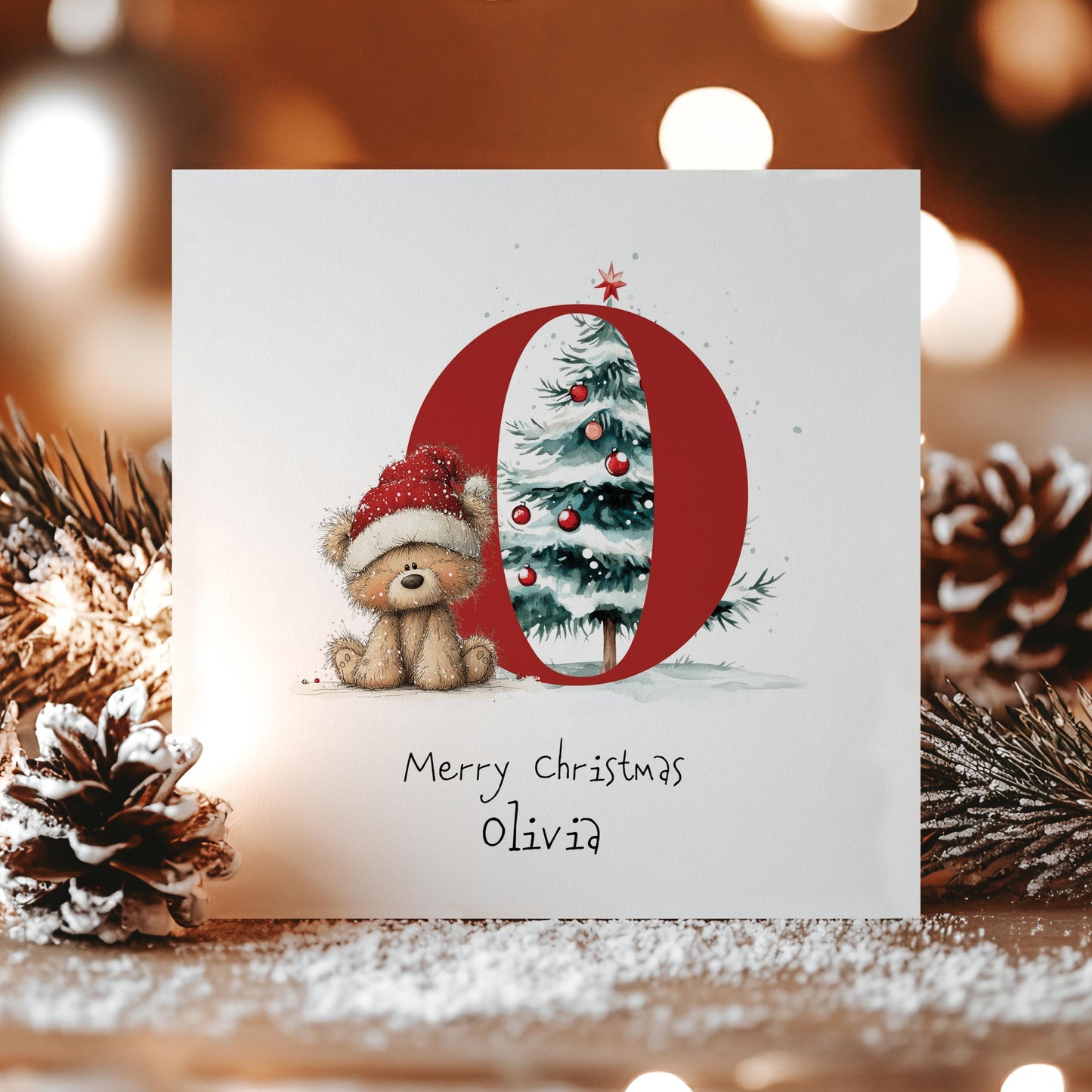Personalised Initial Xmas Card – Custom Christmas Card With Cute Bear & Matte Finish