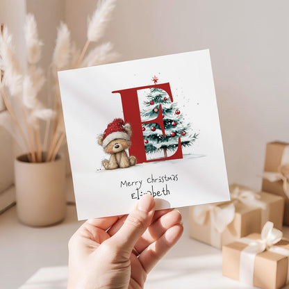 Personalised Initial Xmas Card – Custom Kids Christmas Greeting With Cute Bear & Tree