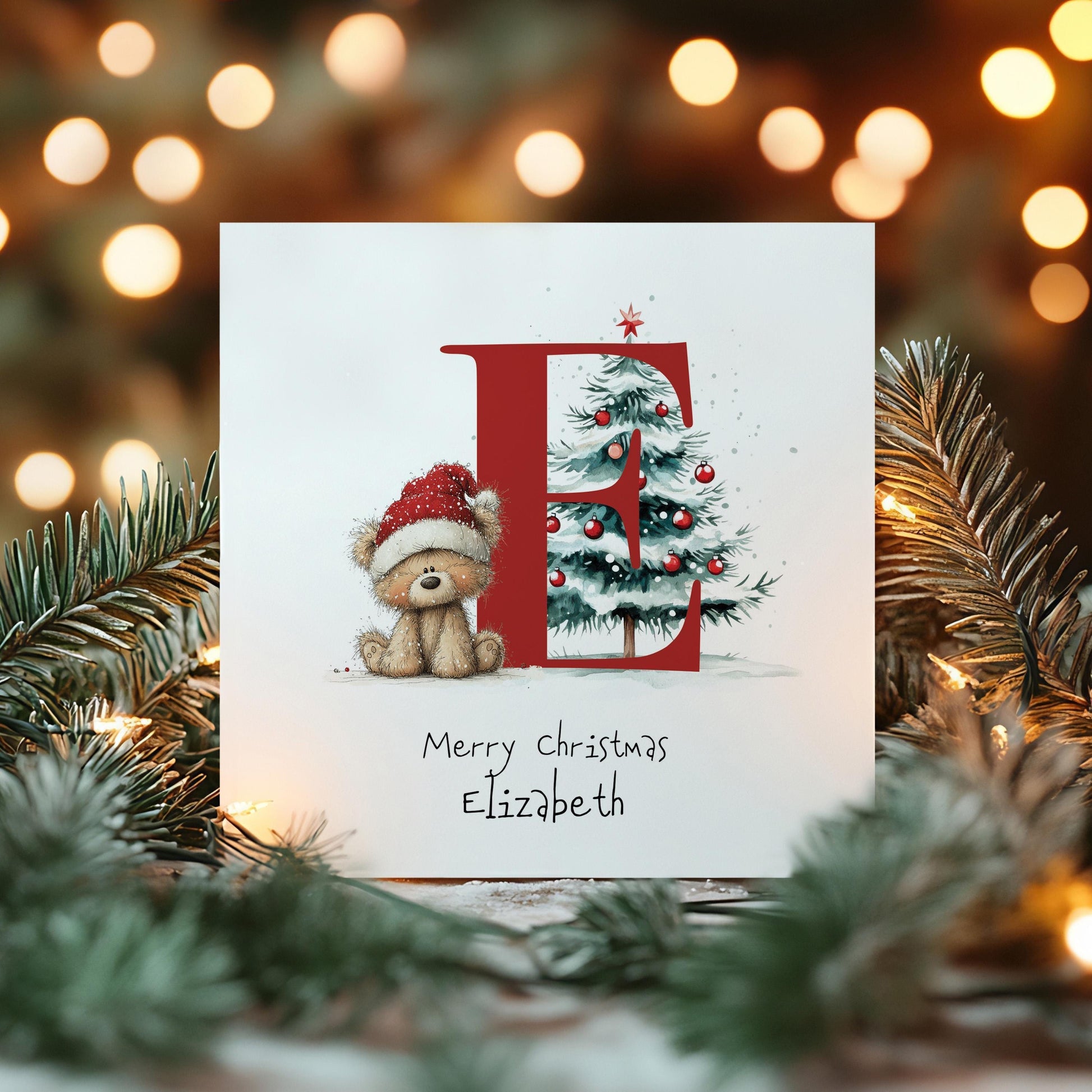 Personalised Initial Xmas Card – Custom Kids Christmas Greeting With Cute Bear & Tree