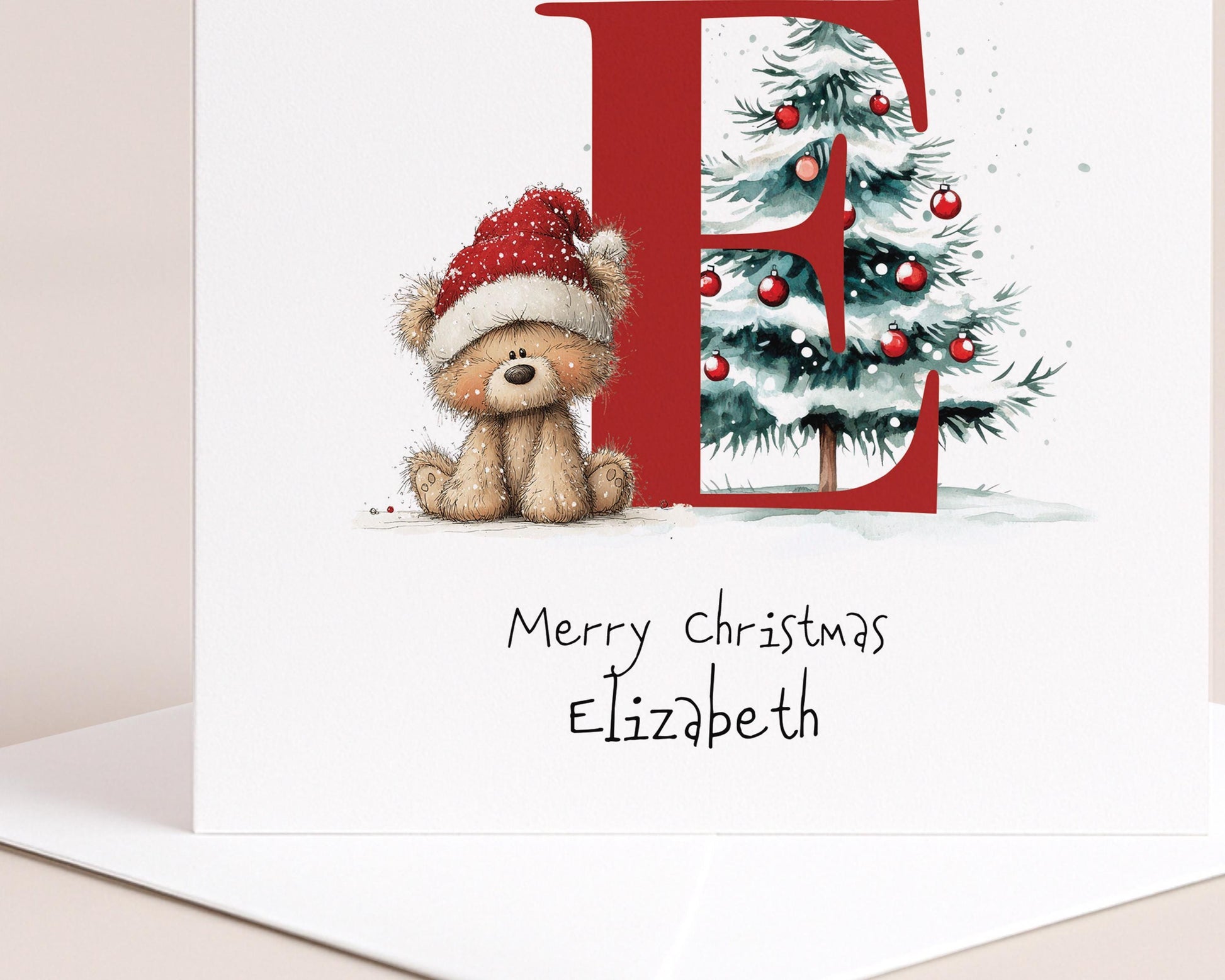 Personalised Initial Xmas Card – Custom Kids Christmas Greeting With Cute Bear & Tree