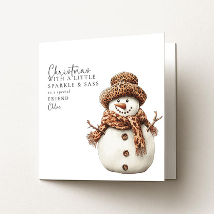 Personalised Leopard Snowman Card - Stylish Christmas Greeting Card With Matte Finish