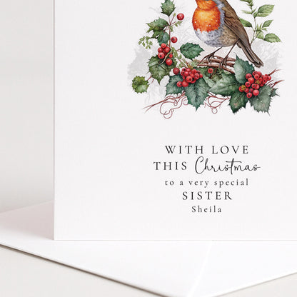 Personalised Sister Christmas Card – Elegant Robin Holiday Card With Matte Finish