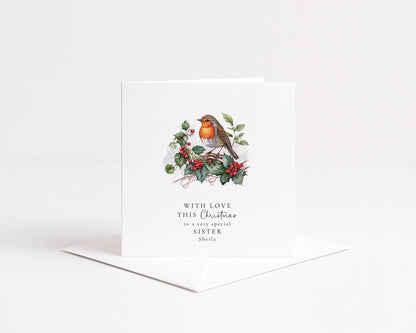 Personalised Sister Christmas Card – Elegant Robin Holiday Card With Matte Finish