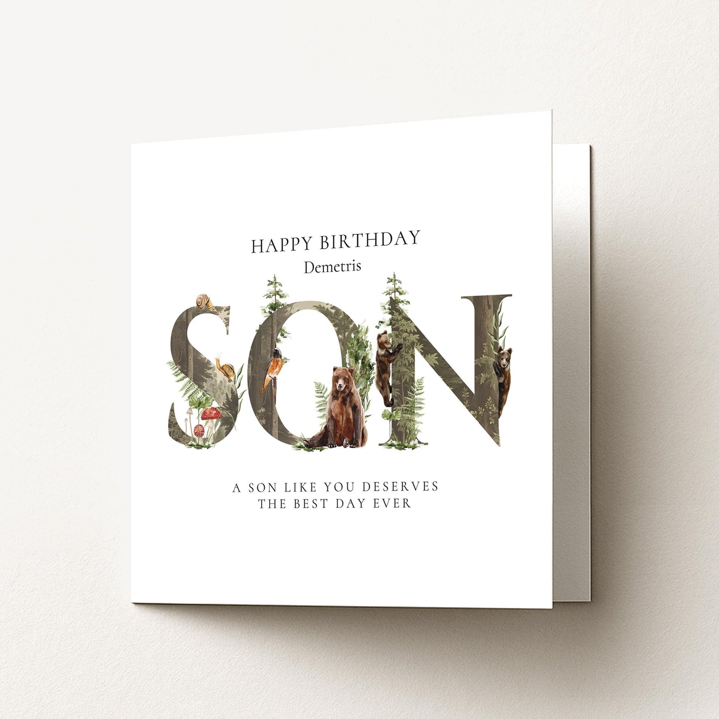 Personalised Son Birthday Card – Custom Name Woodland Keepsake With Envelope