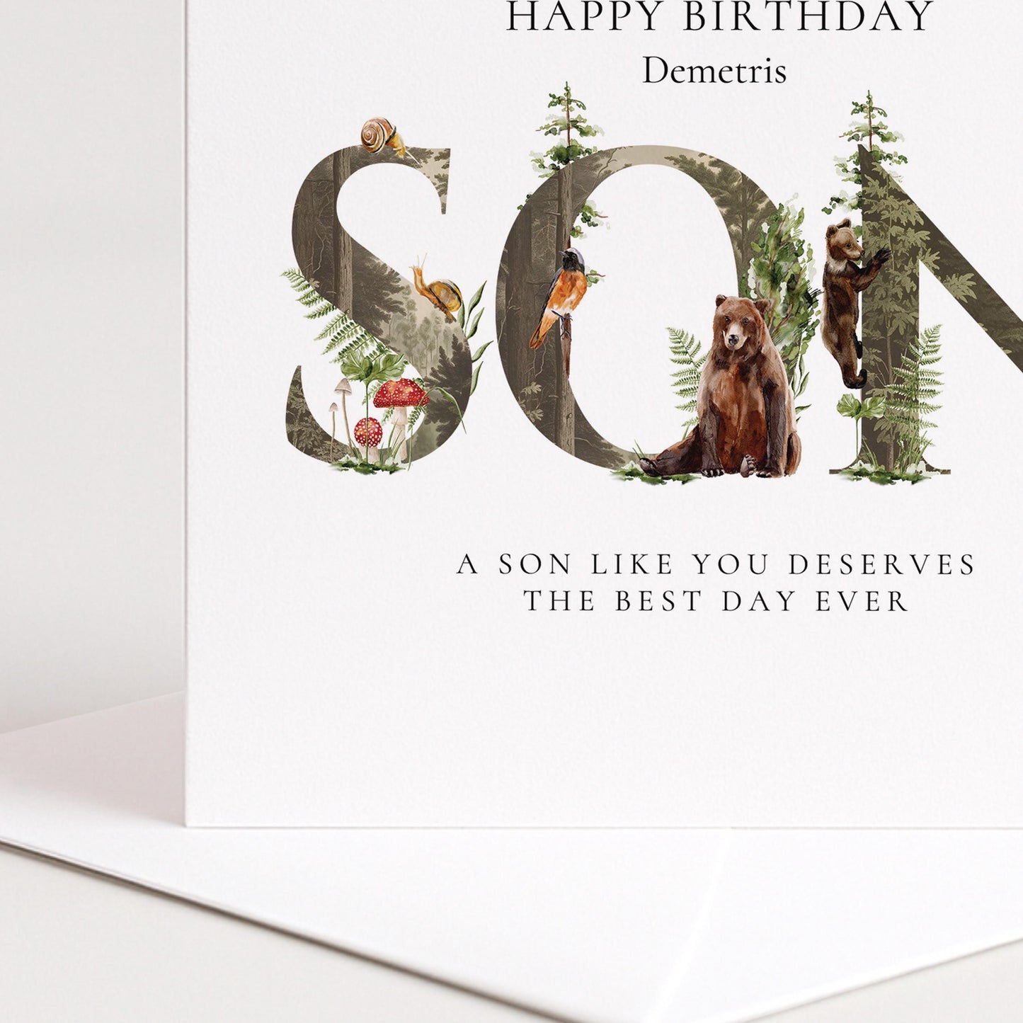 Personalised Son Birthday Card – Custom Name Woodland Keepsake With Envelope