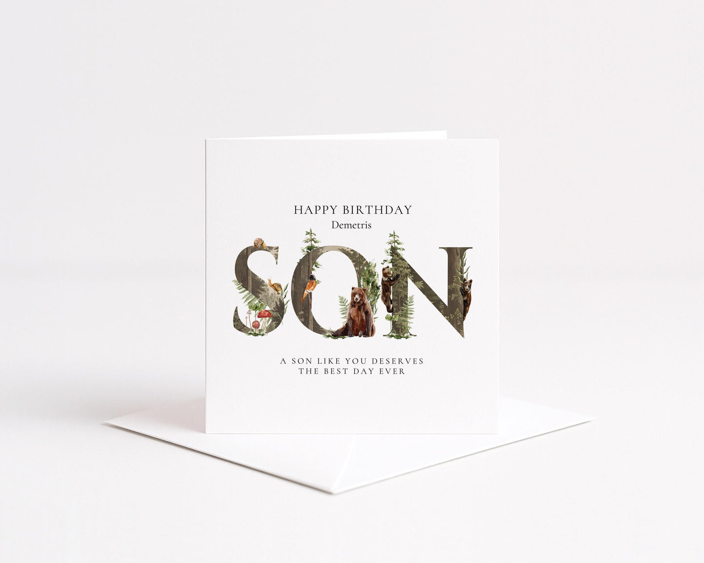 Personalised Son Birthday Card – Custom Name Woodland Keepsake With Envelope