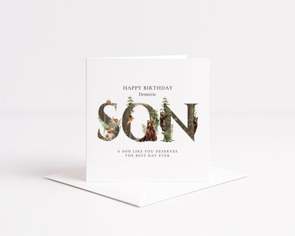 Personalised Son Birthday Card – Custom Name Woodland Keepsake With Envelope