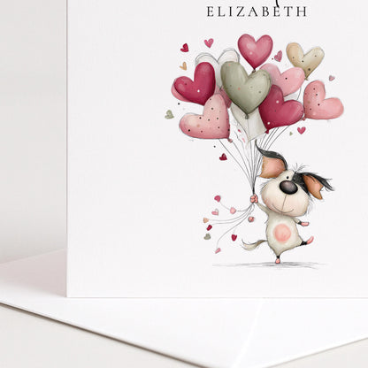 Personalised Valentine Card - Cute Dog With Heart Balloons | Matte Finish Keepsake