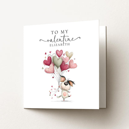 Personalised Valentine Card - Cute Dog With Heart Balloons | Matte Finish Keepsake