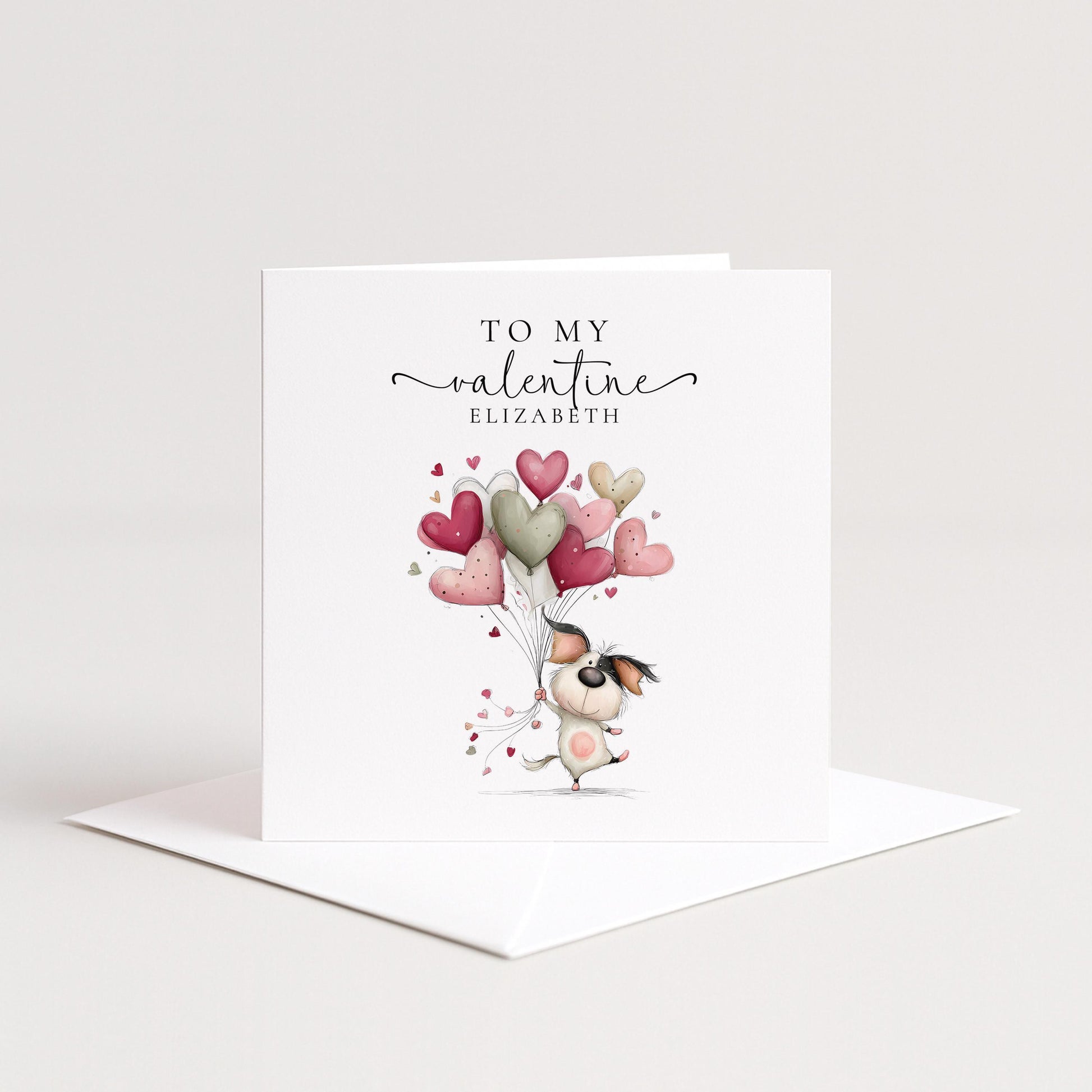 Personalised Valentine Card - Cute Dog With Heart Balloons | Matte Finish Keepsake
