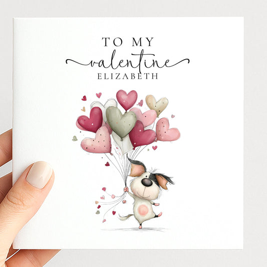 Personalised Valentine Card - Cute Dog With Heart Balloons | Matte Finish Keepsake