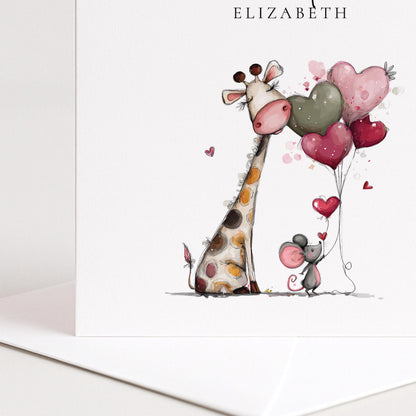 Personalised Valentine Card - Cute Giraffe & Mouse With Heart Balloons, Matte Finish