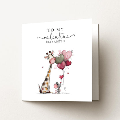 Personalised Valentine Card - Cute Giraffe & Mouse With Heart Balloons, Matte Finish