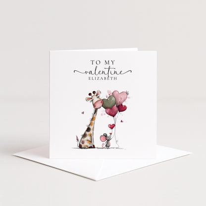 Personalised Valentine Card - Cute Giraffe & Mouse With Heart Balloons, Matte Finish