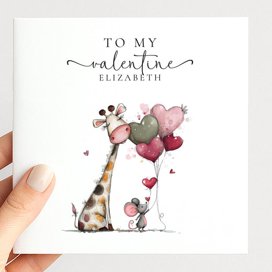 Personalised Valentine Card - Cute Giraffe & Mouse With Heart Balloons, Matte Finish