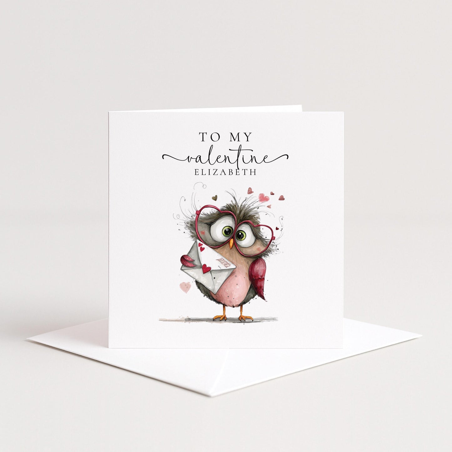 Personalised Valentine Card - Cute Owl Love Letter Card With Heart-Shaped Glasses