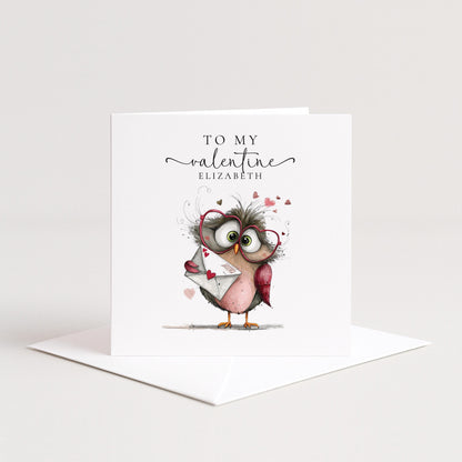 Personalised Valentine Card - Cute Owl Love Letter Card With Heart-Shaped Glasses