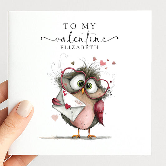 Personalised Valentine Card - Cute Owl Love Letter Card With Heart-Shaped Glasses